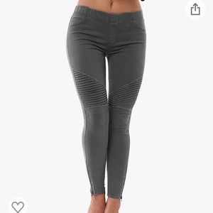 Womens Biker Skinny Ankle Zipper Pleated Stretch Low Waist Pencil Pants